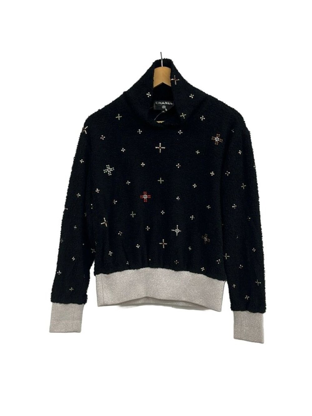 Chanel Sweatshirt M Black Silver Long Sleeve Rhinestone